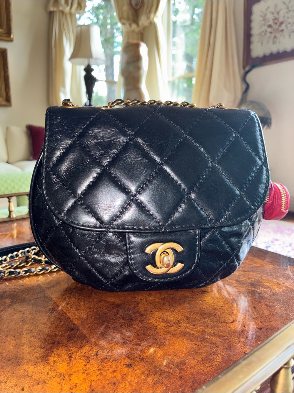 Chanel Black Quilted Glazed Lambskin Crossbody Bag with Aged Gold-Tone Hardware